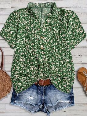 Green Floral Ruffle-Neck Blouse with Pintuck Front